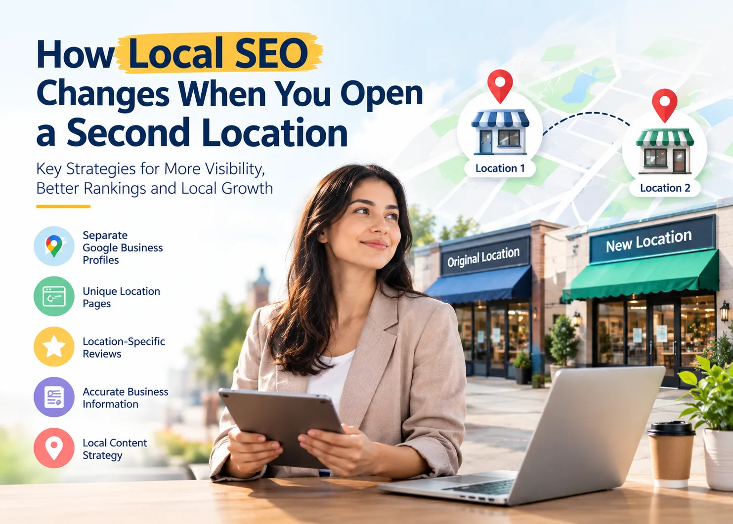 Local SEO strategy for businesses with multiple locations, featuring a business owner, two storefronts, map location pins, Google Business Profiles, unique location pages, customer reviews, accurate business information, and local content planning.